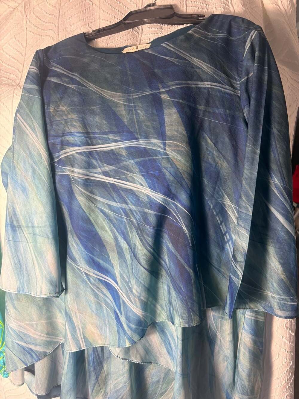 Indigo Soul Blue Abstract Print Layered Mesh Top